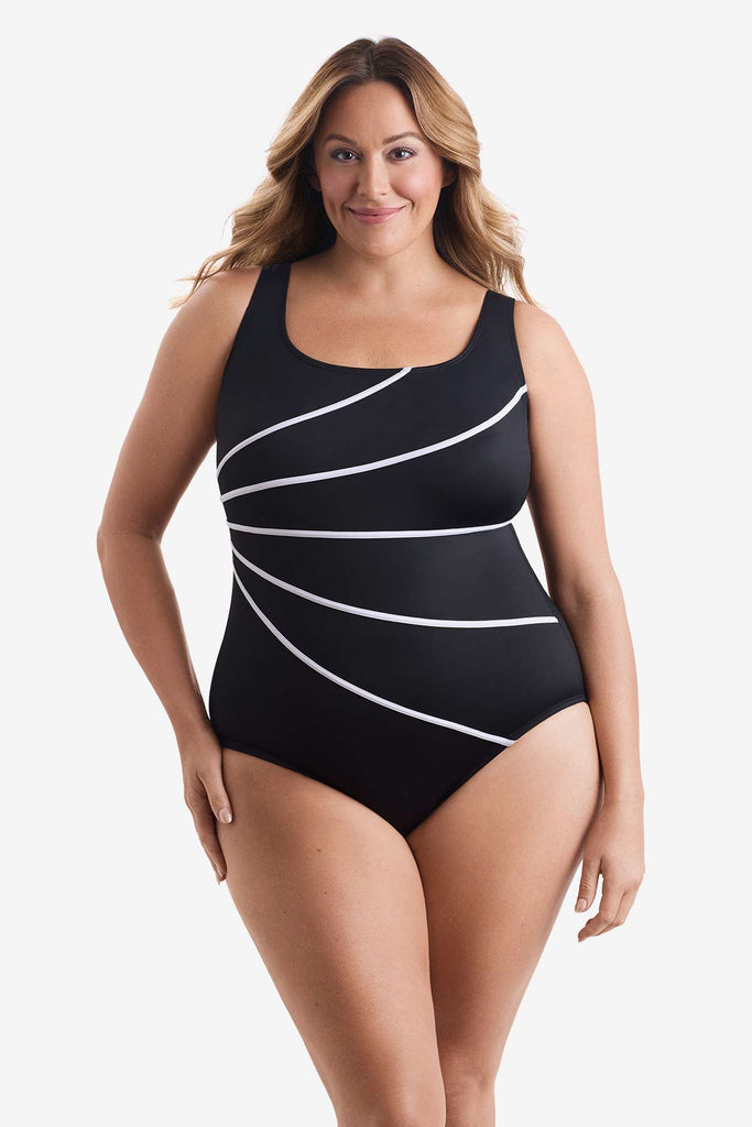 Woman wearing a one-piece swimsuit with five white streaks on the front