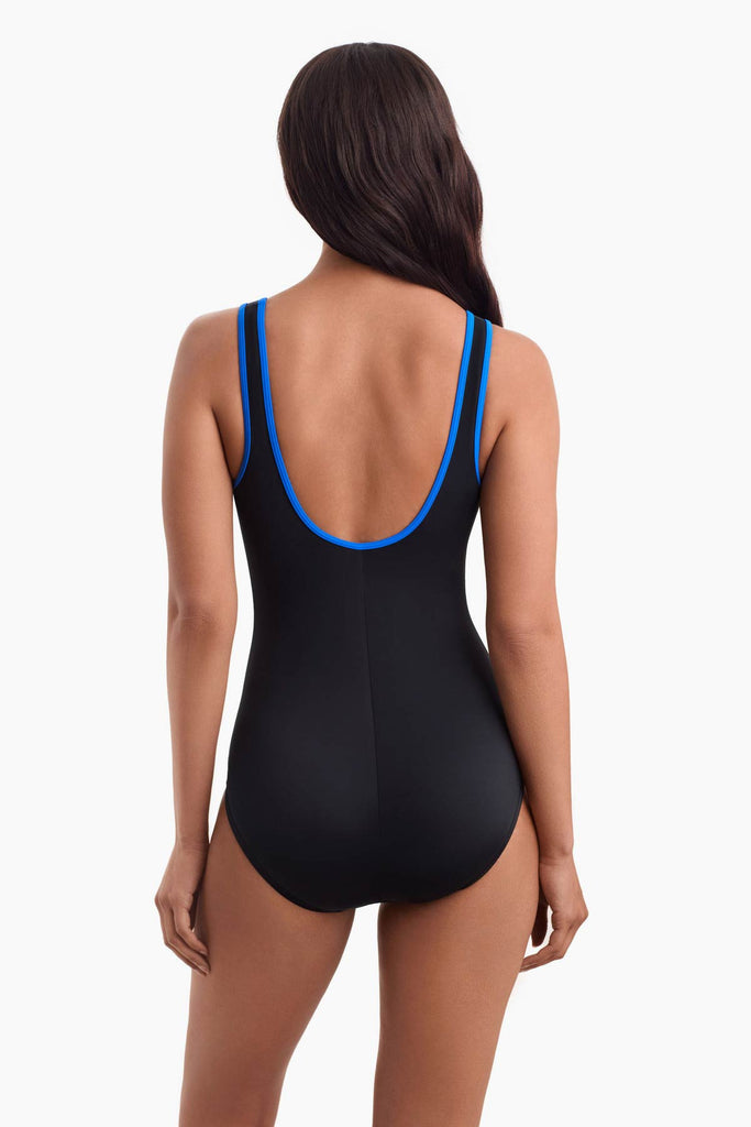 Woman facing away wearing a one-piece swimsuit with blue trim detail