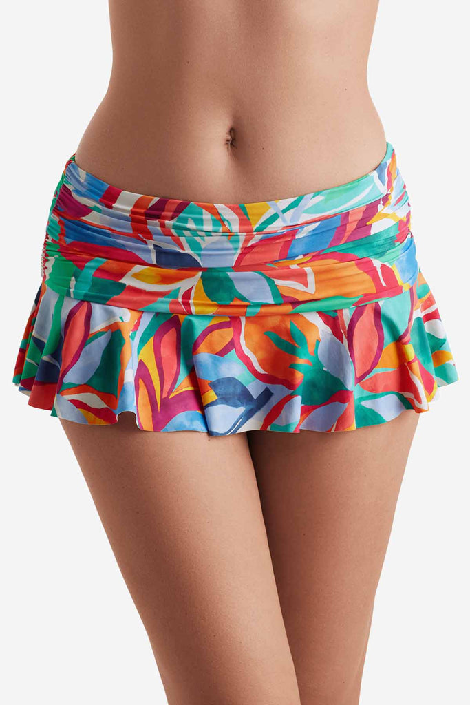 Front of multicolor floral swim skirt