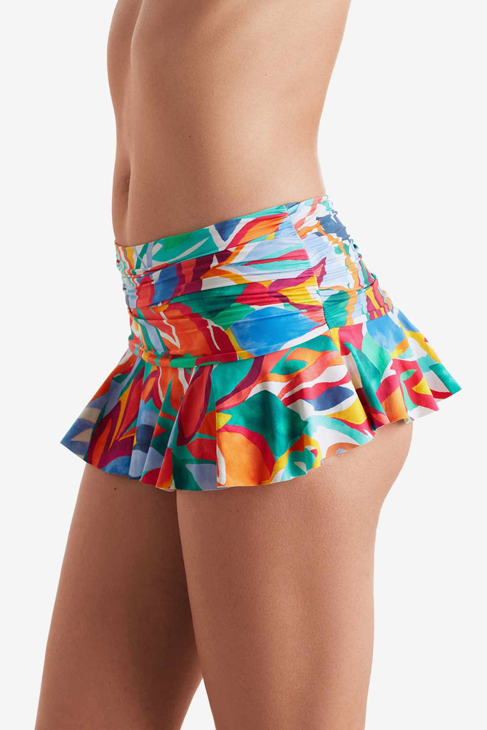 Side of multicolor floral swim skirt