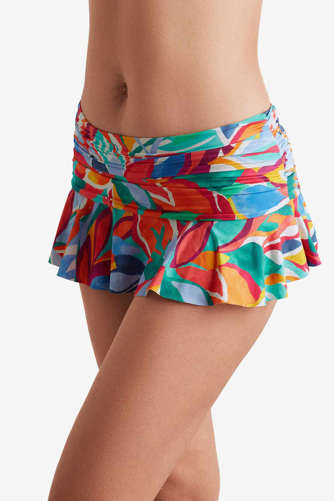 Side of multicolor floral swim skirt