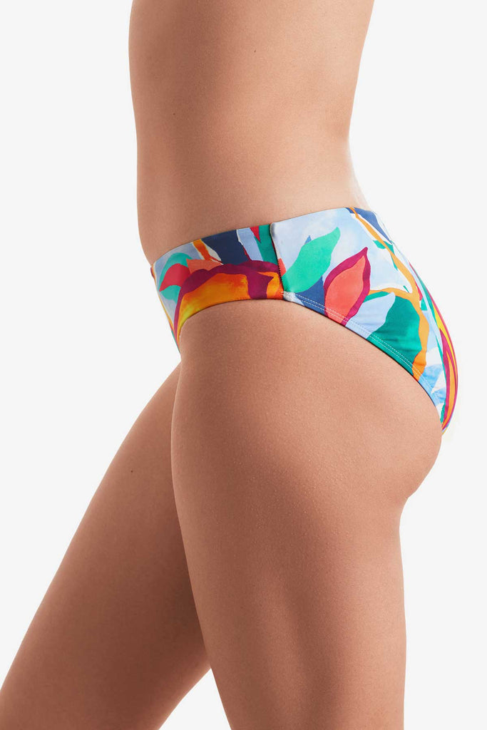 Side of multicolored floral print swim bottoms