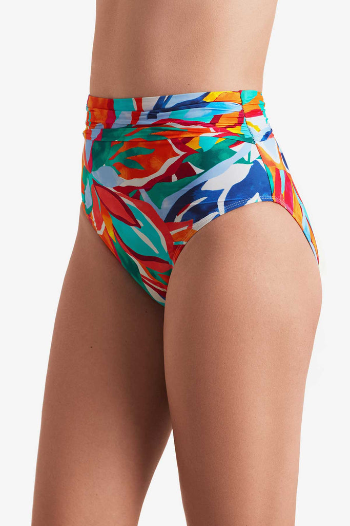 Side of multicolor floral high-waisted swim bottoms