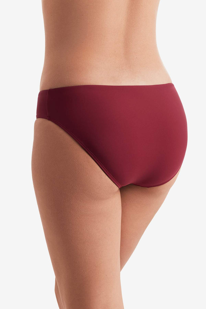 Back of dark red swim bottoms