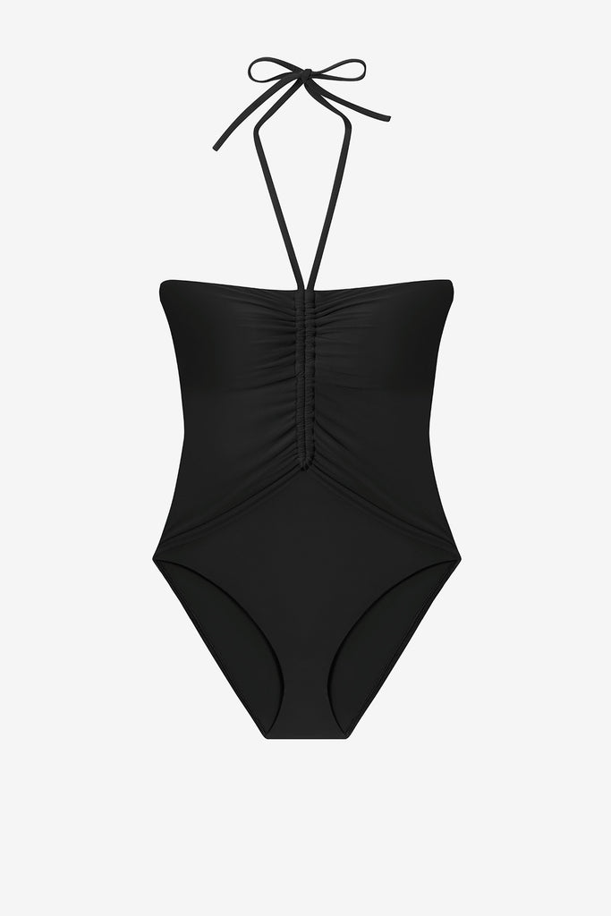 Black one-piece swimsuit with thin halter straps