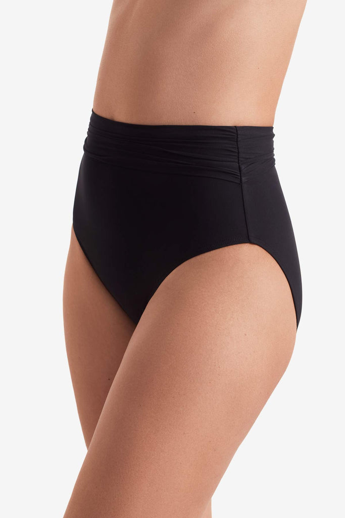 Side of black high waisted swim bottoms