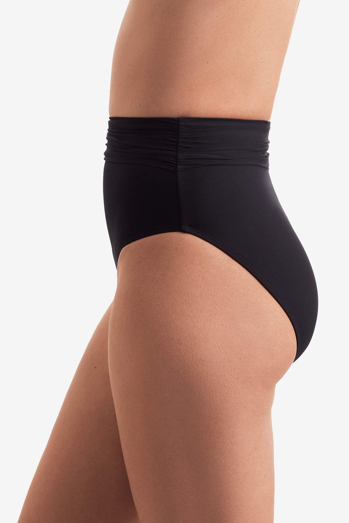 Side of black high waisted swim bottoms