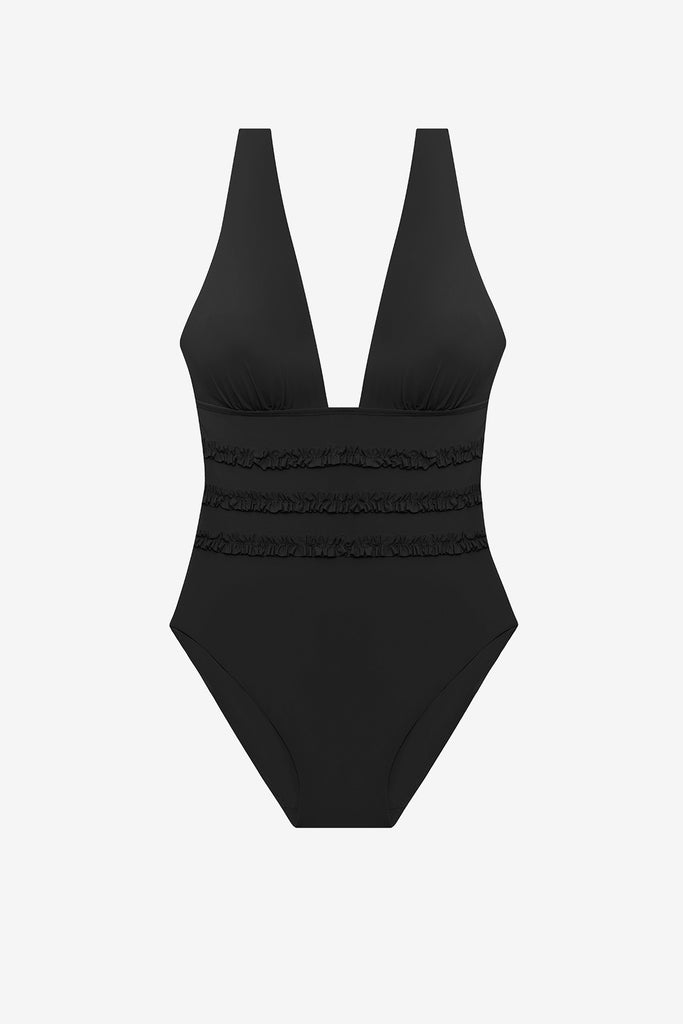 Black one-piece swimsuit with ruffles on the waist