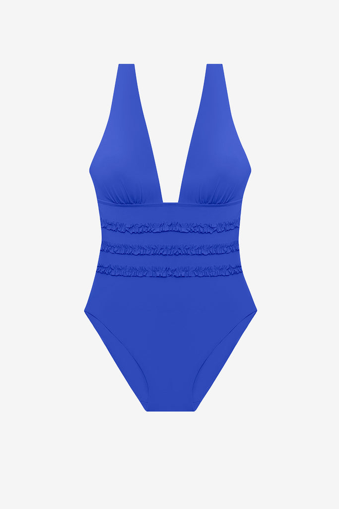 Blue one-piece swimsuit with ruffles on the waist