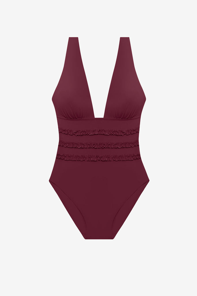 Dark red one-piece swimsuit with ruffles on the waist