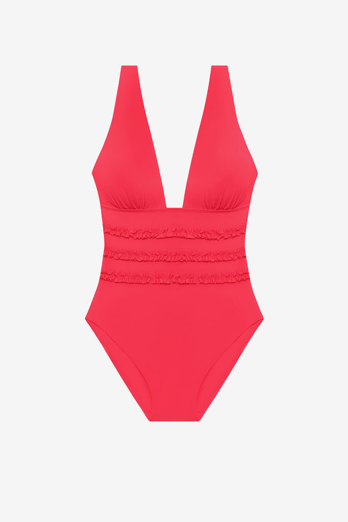 Orange-pink one-piece swimsuit with ruffles on the waist