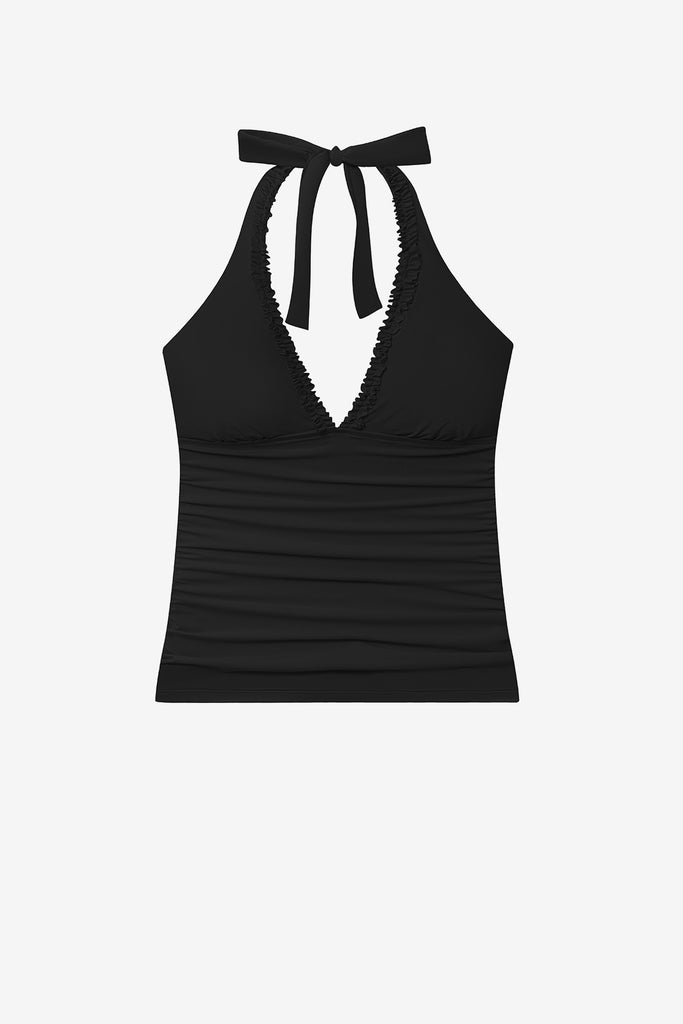 Black tankini top with ruffles on the neckline