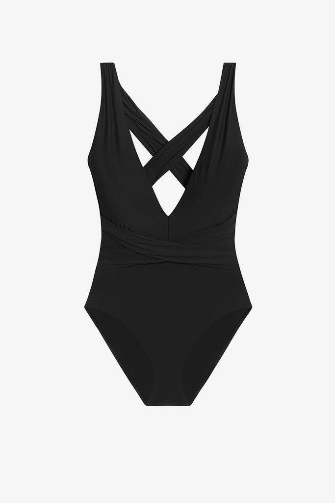 Black one-piece swimsuit with a deep V neckline