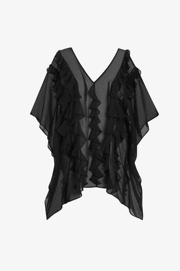 Black sheer swim cover up with ruffles