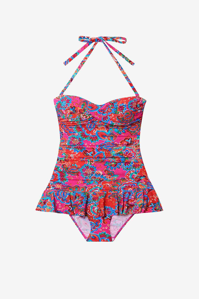 Multicolored bandeau and skirted leg one-piece swimsuit