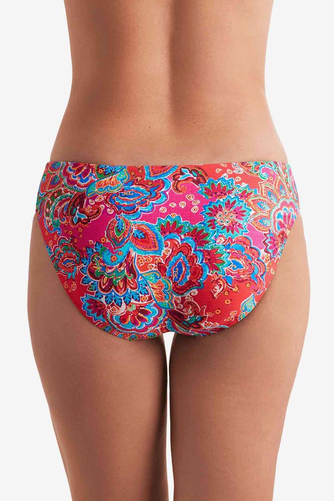 Back of multicolor paisley print swim bottoms