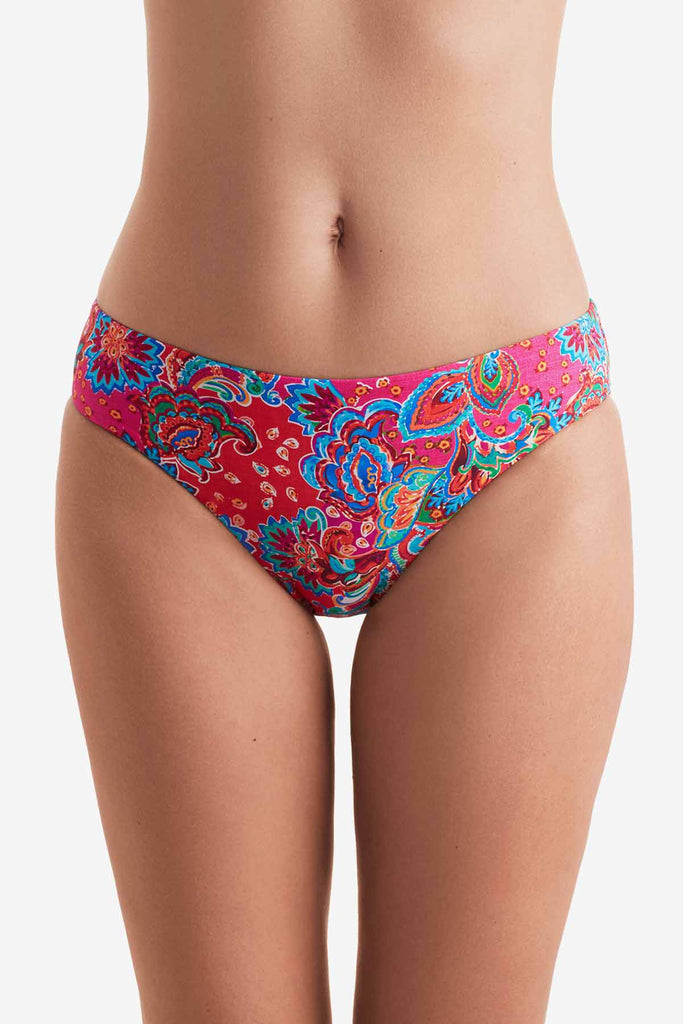 Front of multicolor paisley print swim bottoms