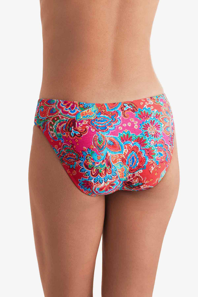 Back of multicolor paisley print swim bottoms