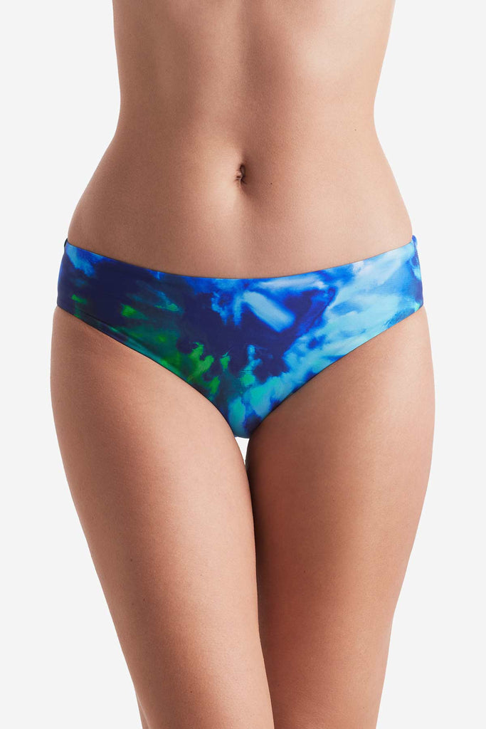 Front of blue and green tie dye swim bottoms