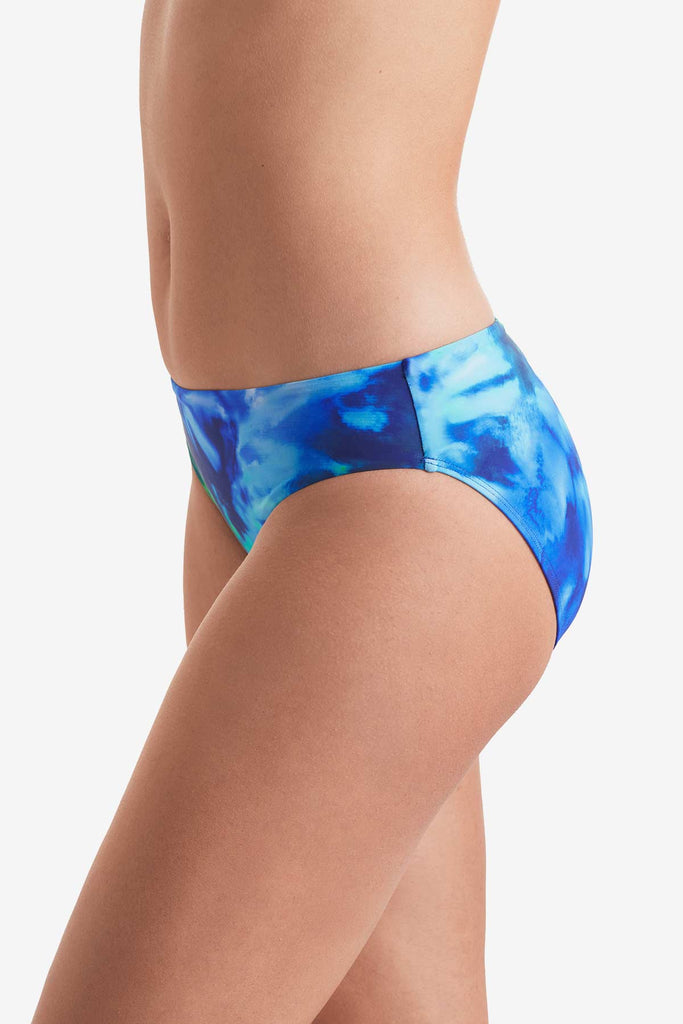 Side of blue and green tie dye swim bottoms