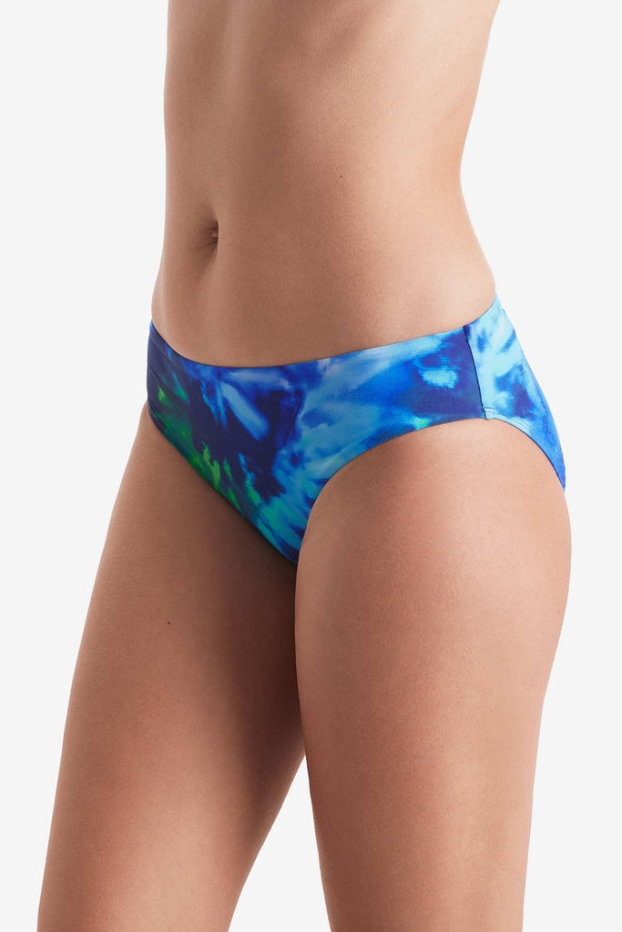 Side of blue and green tie dye swim bottoms