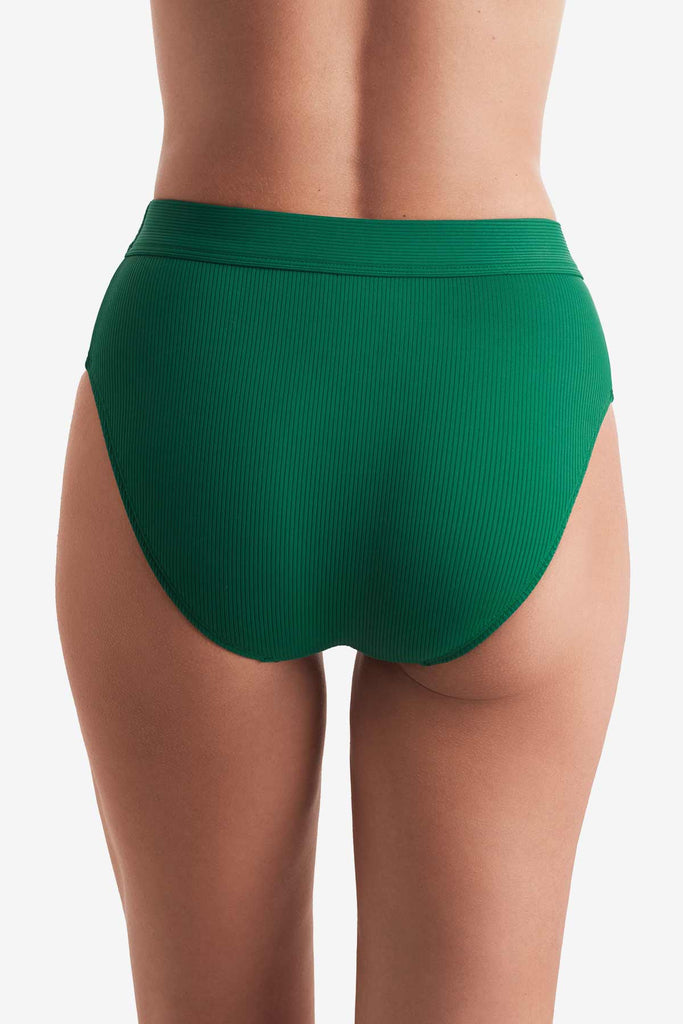 Back of high-waisted green rib fabric swim bottoms