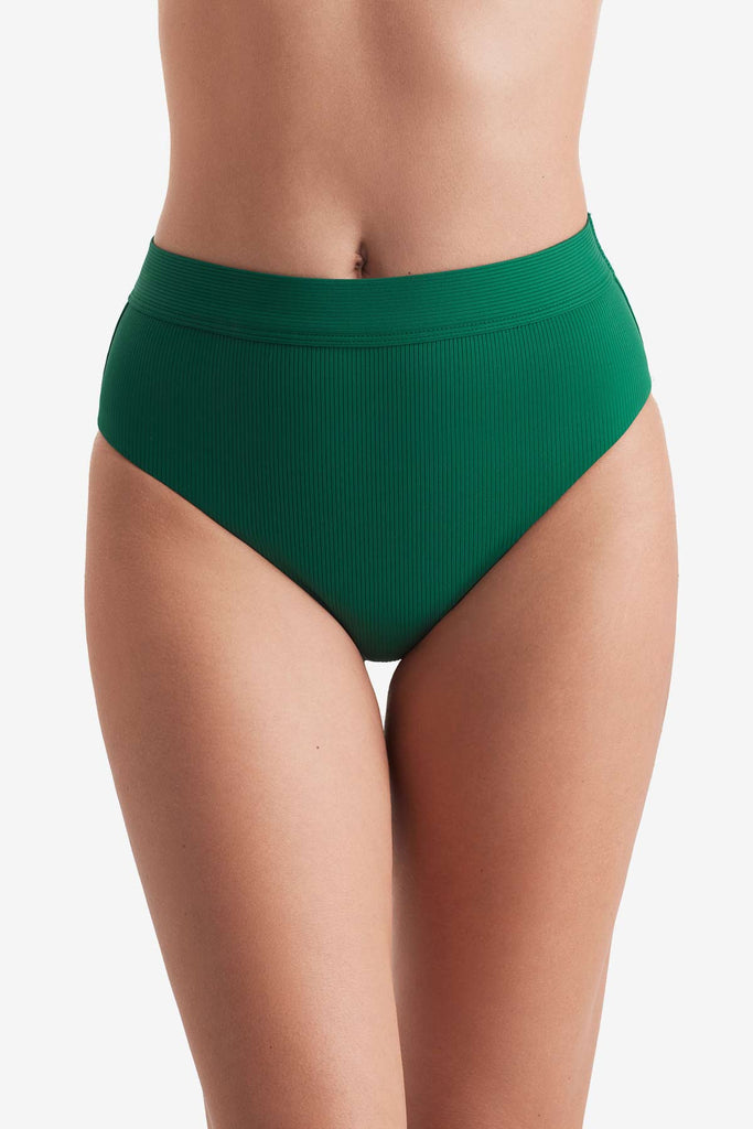 Front of high-waisted green rib fabric swim bottoms