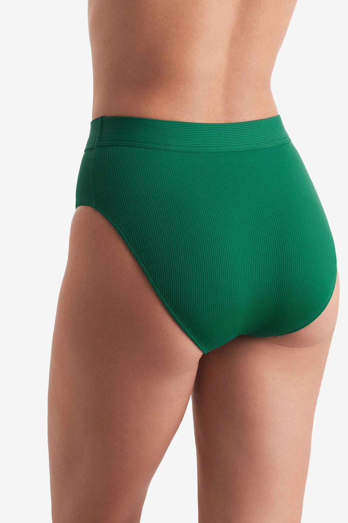 Back of high-waisted green rib fabric swim bottoms