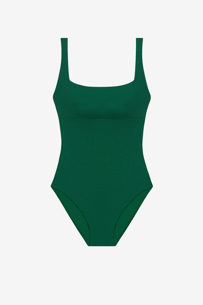 Green one-piece swimsuit with ribbed fabric