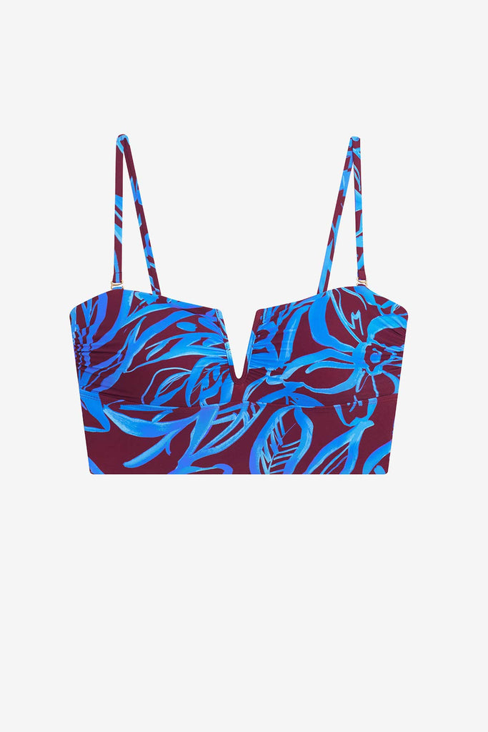 Blue and brown abstract floral printed midkini swim top 