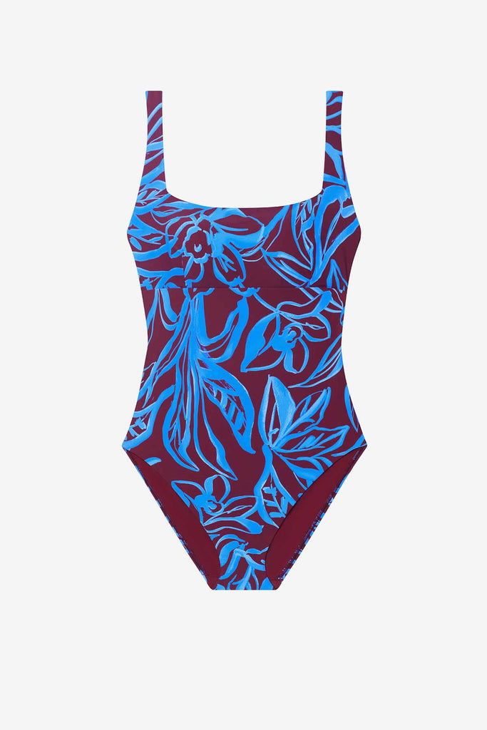 Blue and brown abstract floral print one-piece swimsuit