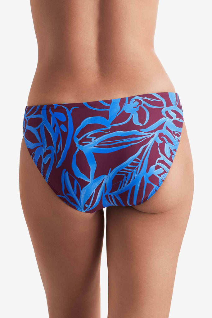 Back of blue and brown abstract printed swim bottoms