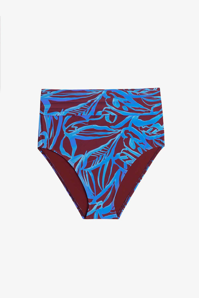 High waisted blue and brown abstract floral printed swim bottoms