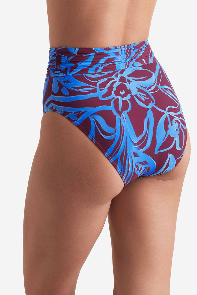 Back of high waisted blue and brown abstract floral printed swim bottoms