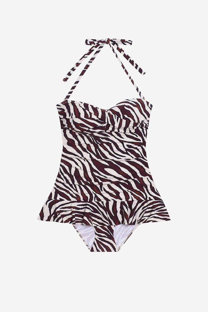 Zebra print one piece swimsuit with skirted leg