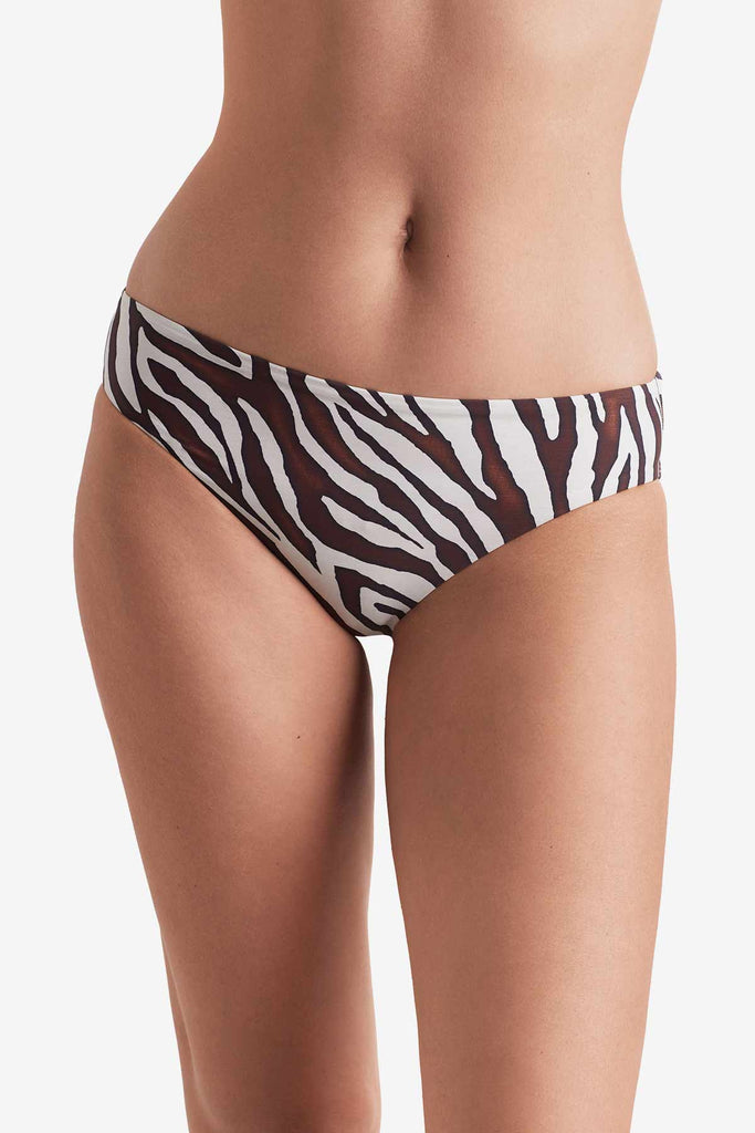 Front of zebra print swim bottoms