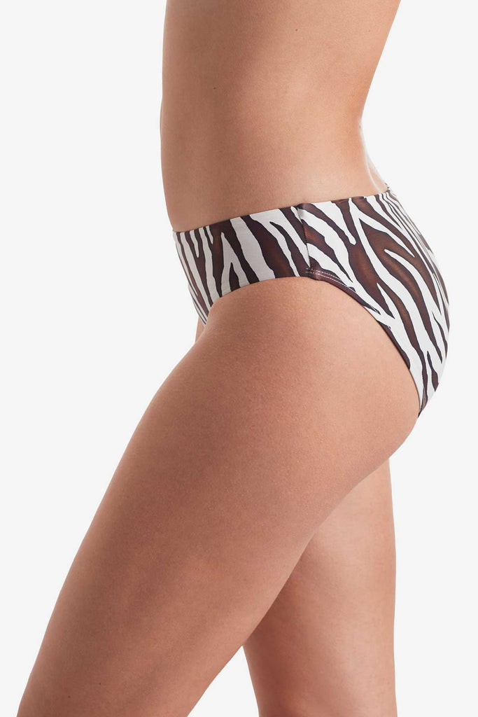 Side of zebra print swim bottoms