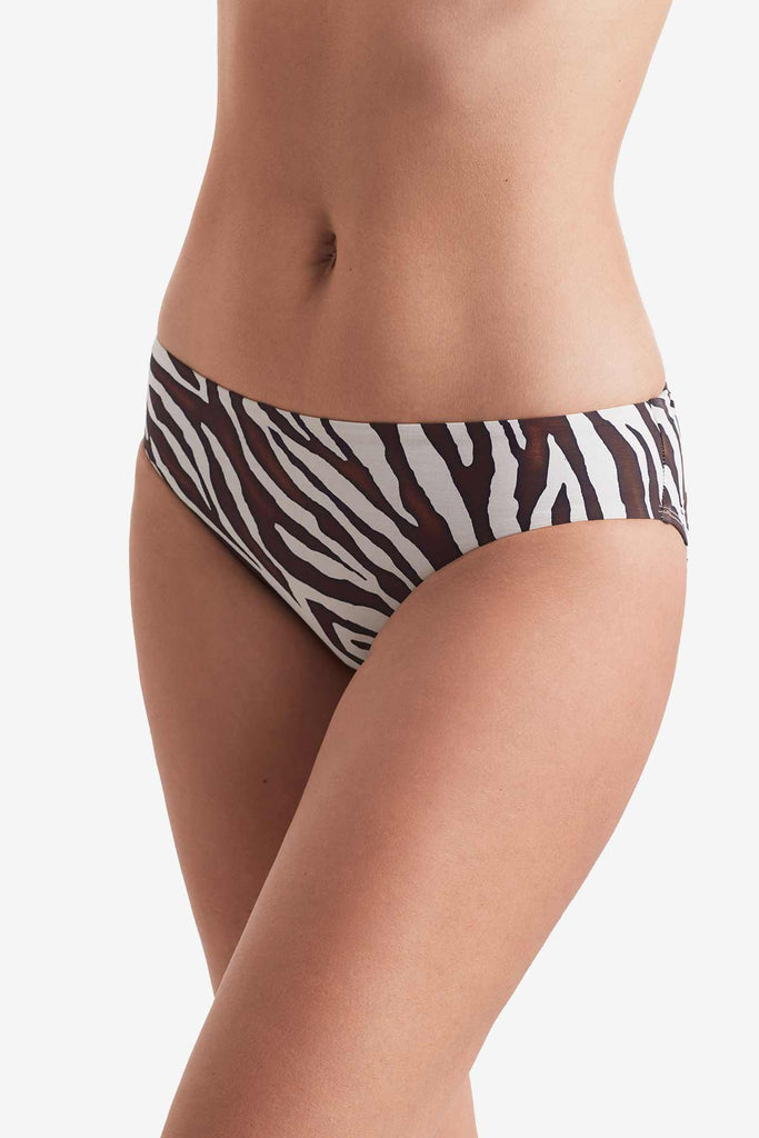 Side of zebra print swim bottoms