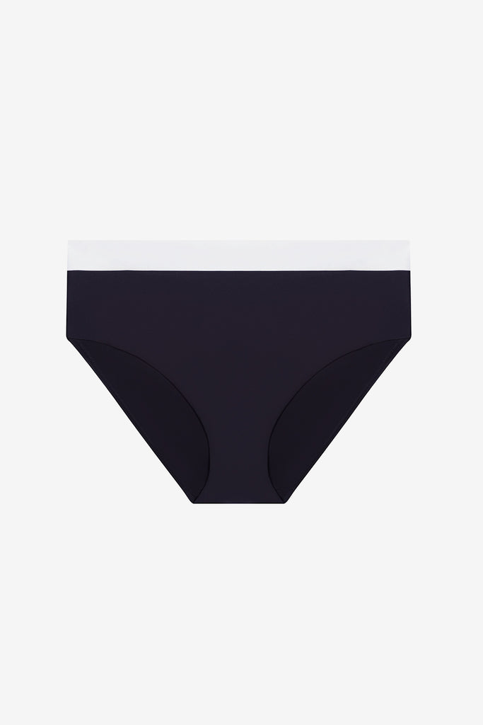 Black swim bottoms with white trim