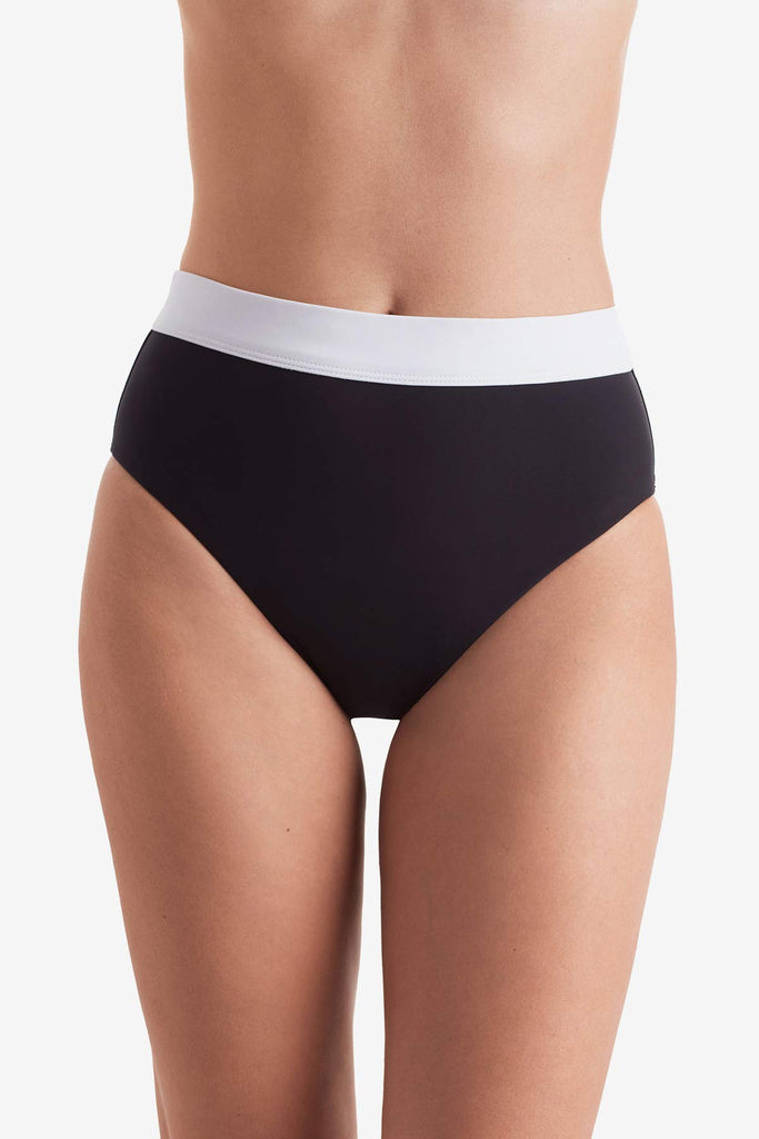 Front of black swim bottoms with white trim