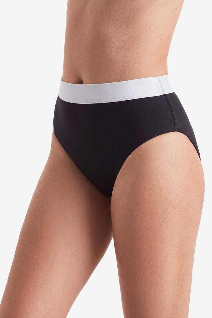 Side of black swim bottoms with white trim