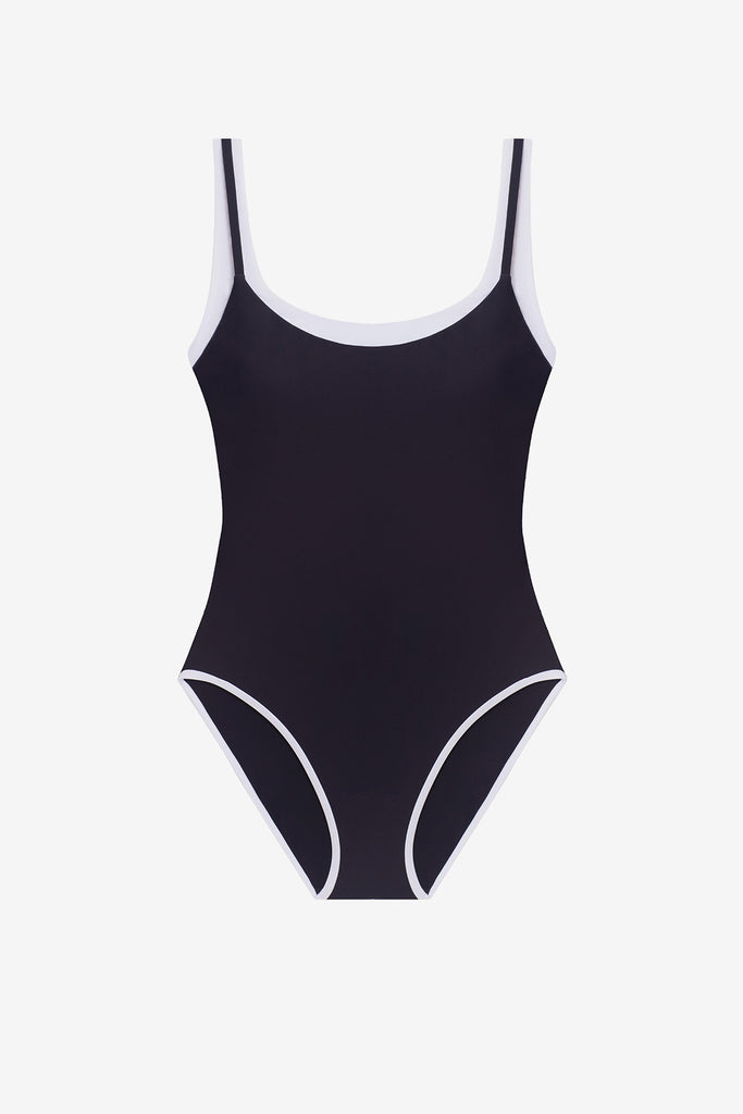 Black one-piece swimsuit with white trim